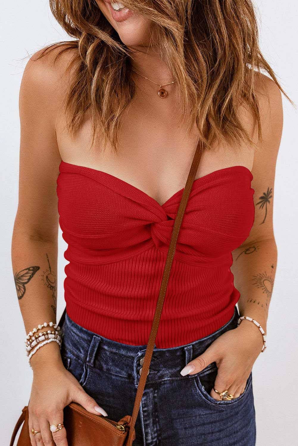 HIDDENBRAND - Plain Color Bandeau Knitted Slim Fit Vest Top