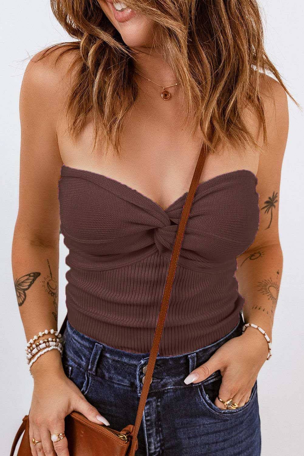 HIDDENBRAND - Plain Color Bandeau Knitted Slim Fit Vest Top