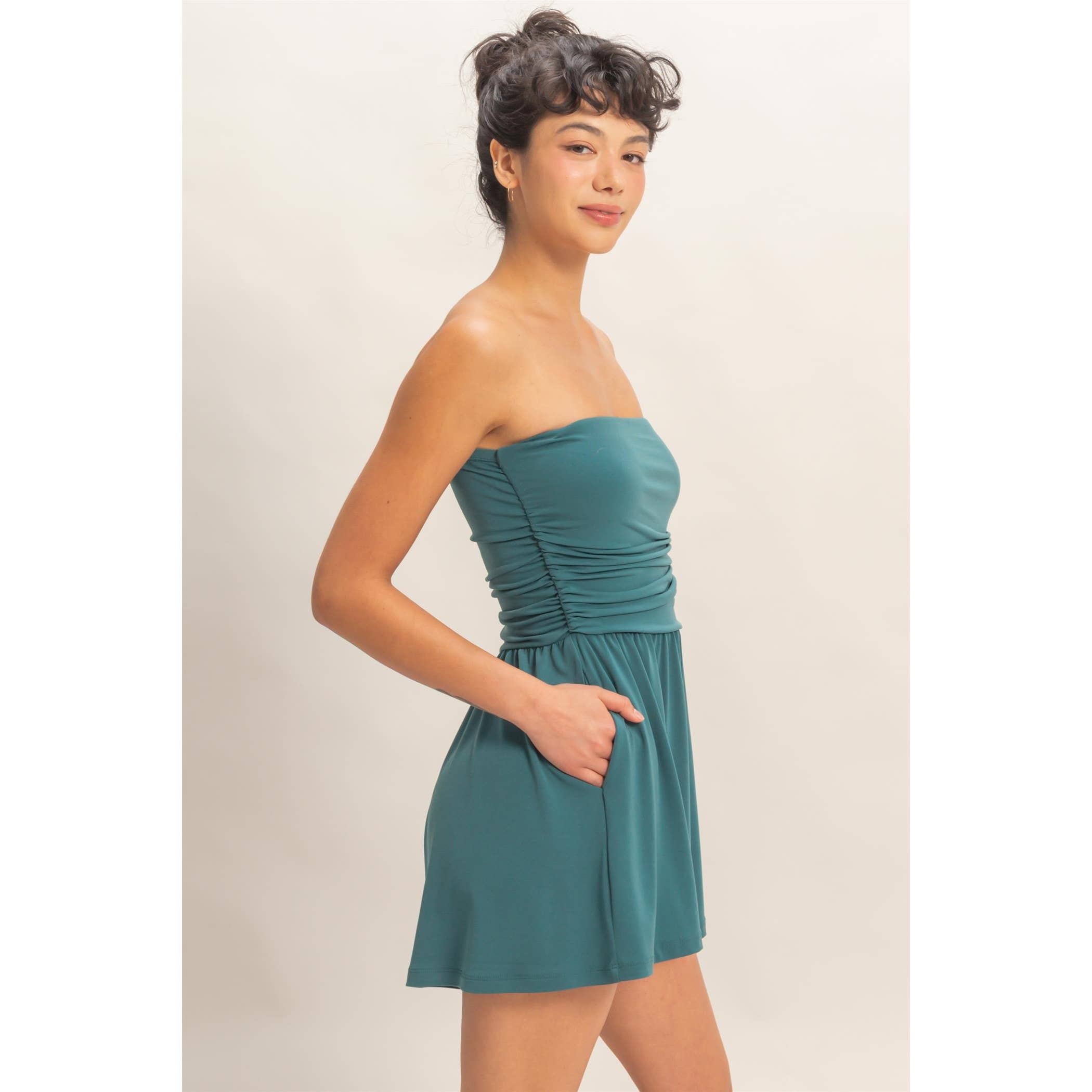 Double Zero - Strapless Shirred Waist Romper