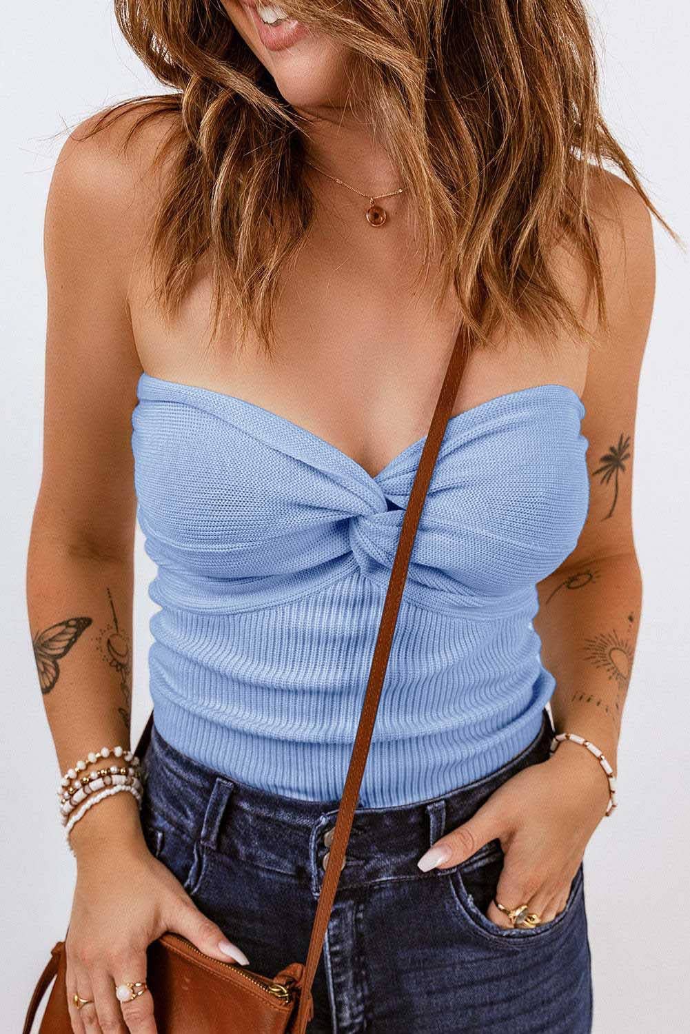 HIDDENBRAND - Plain Color Bandeau Knitted Slim Fit Vest Top