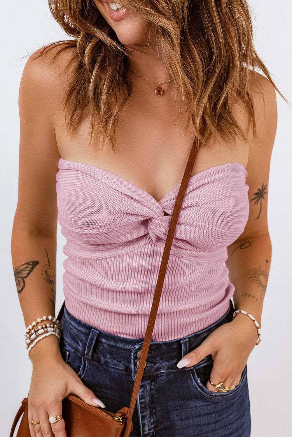 HIDDENBRAND - Plain Color Bandeau Knitted Slim Fit Vest Top
