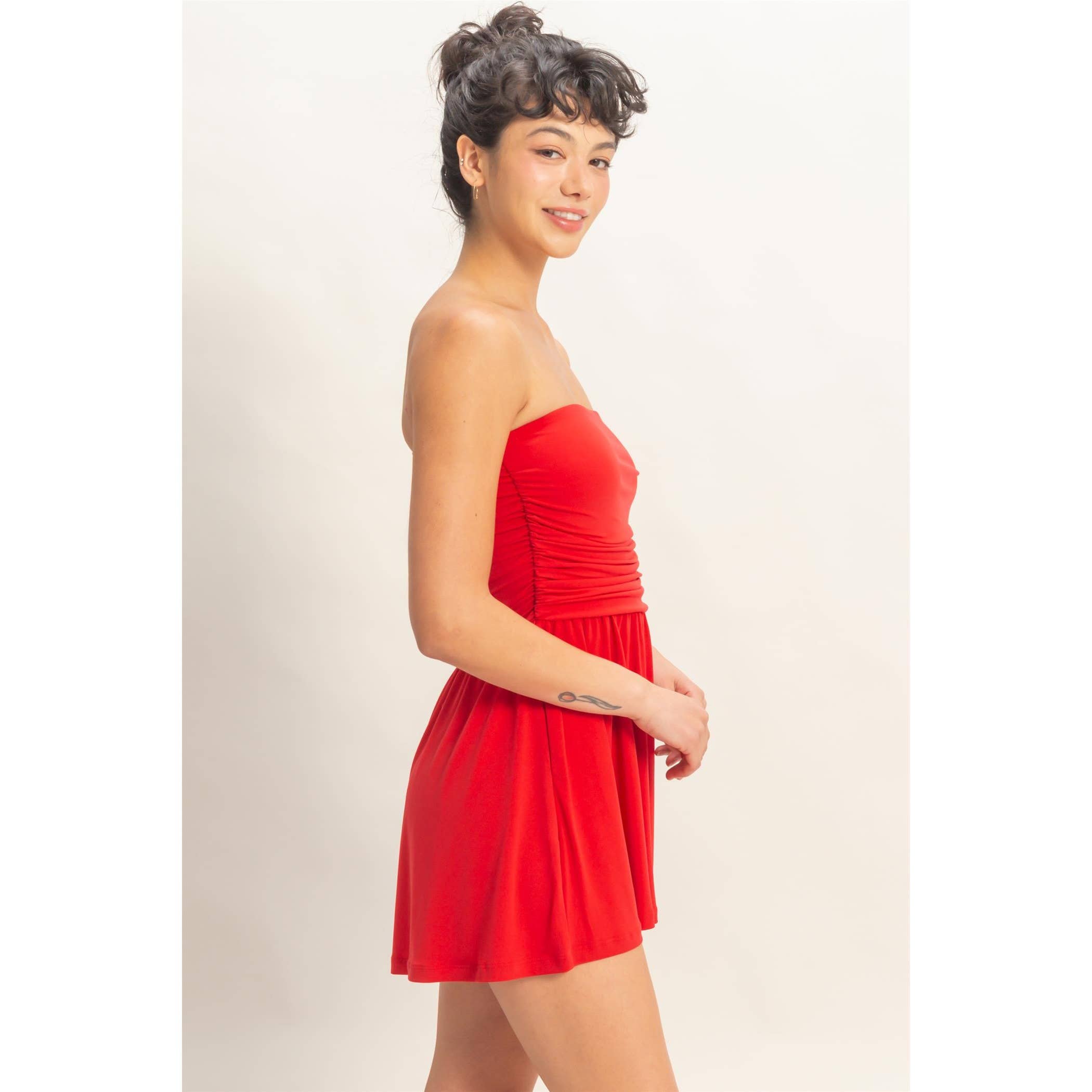 Double Zero - Strapless Shirred Waist Romper