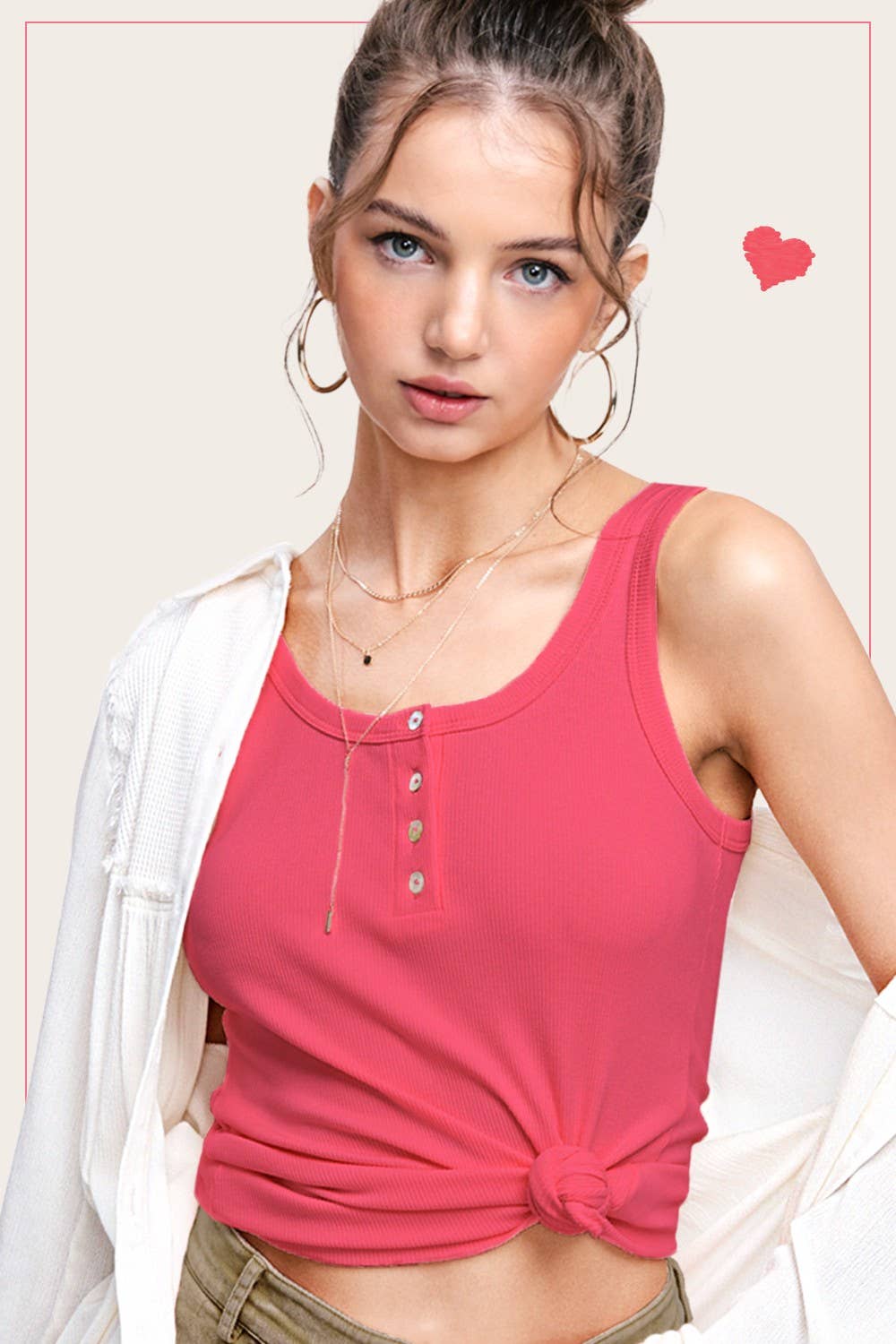 La Miel - HAT7503-Basic Stretchy Ribbed Fabric Button Front Tank Top