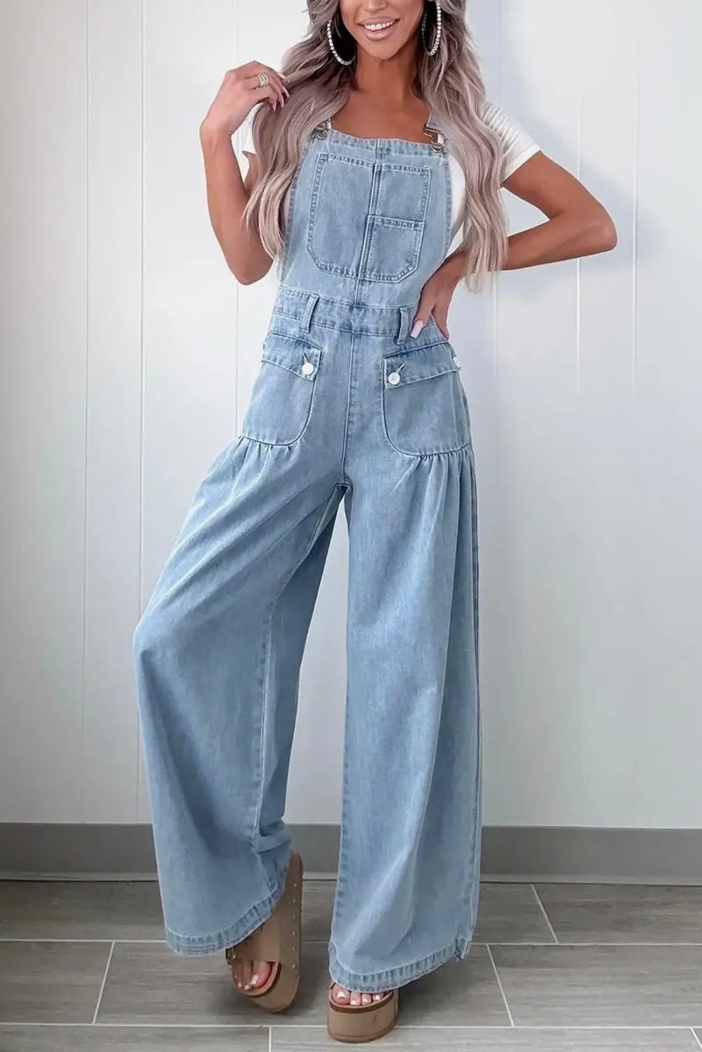 Wide leg denim overall jumpsuit
