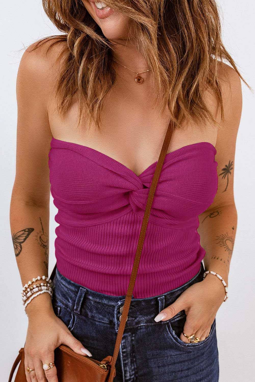 HIDDENBRAND - Plain Color Bandeau Knitted Slim Fit Vest Top