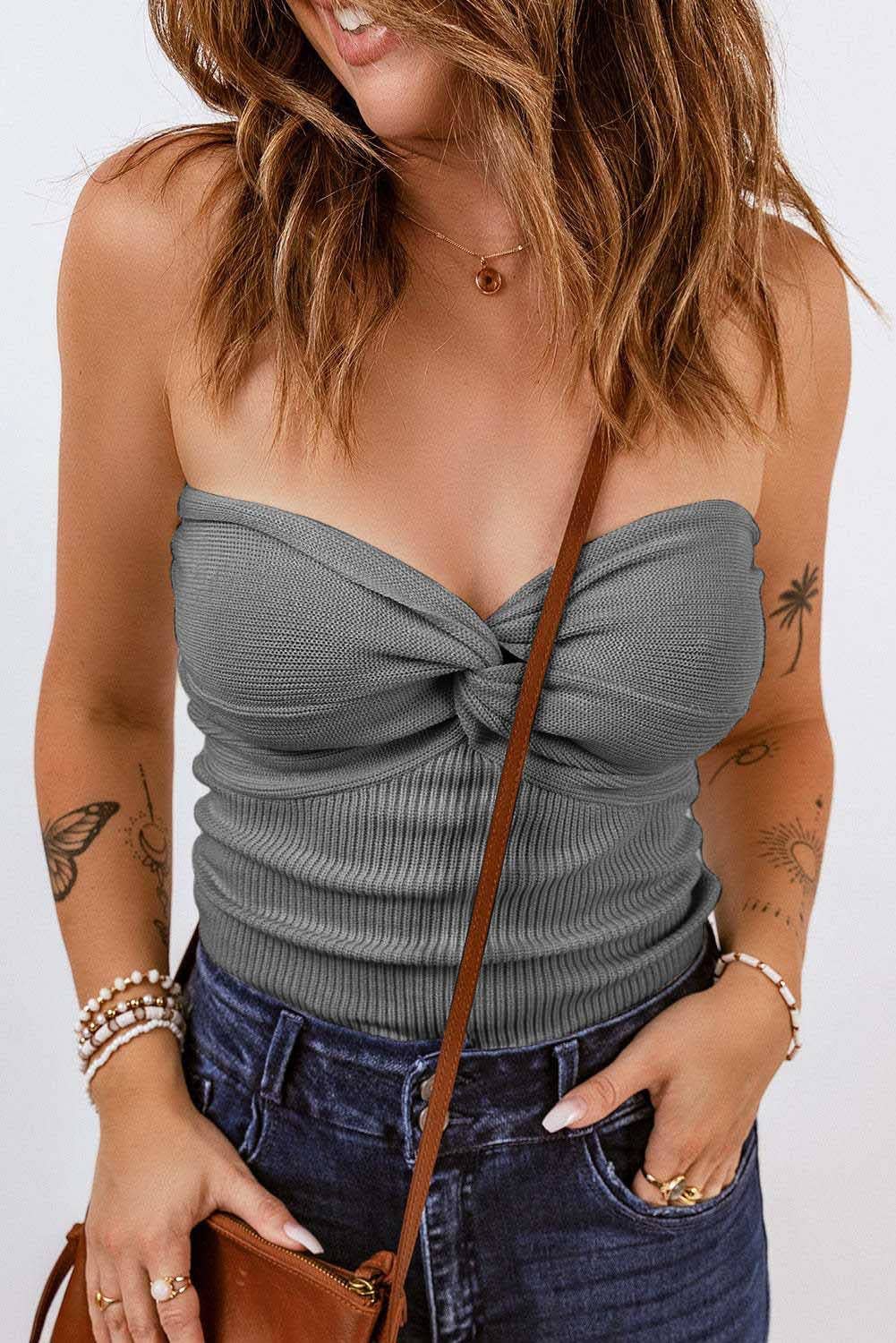 HIDDENBRAND - Plain Color Bandeau Knitted Slim Fit Vest Top