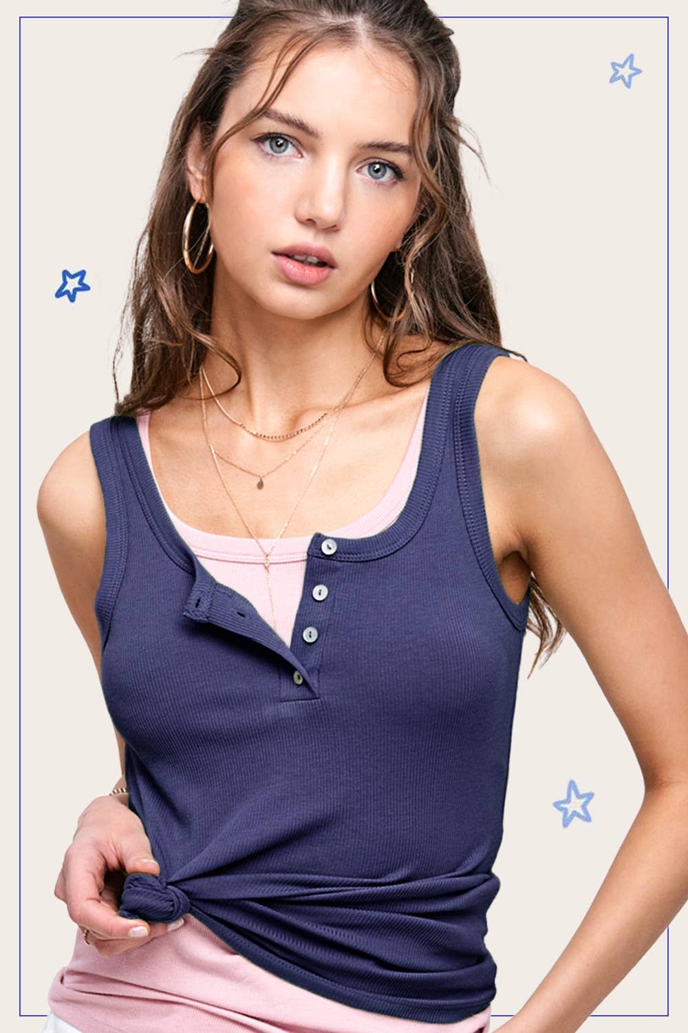 La Miel - HAT7503-Basic Stretchy Ribbed Fabric Button Front Tank Top