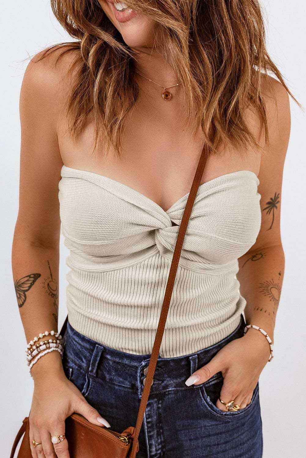 HIDDENBRAND - Plain Color Bandeau Knitted Slim Fit Vest Top