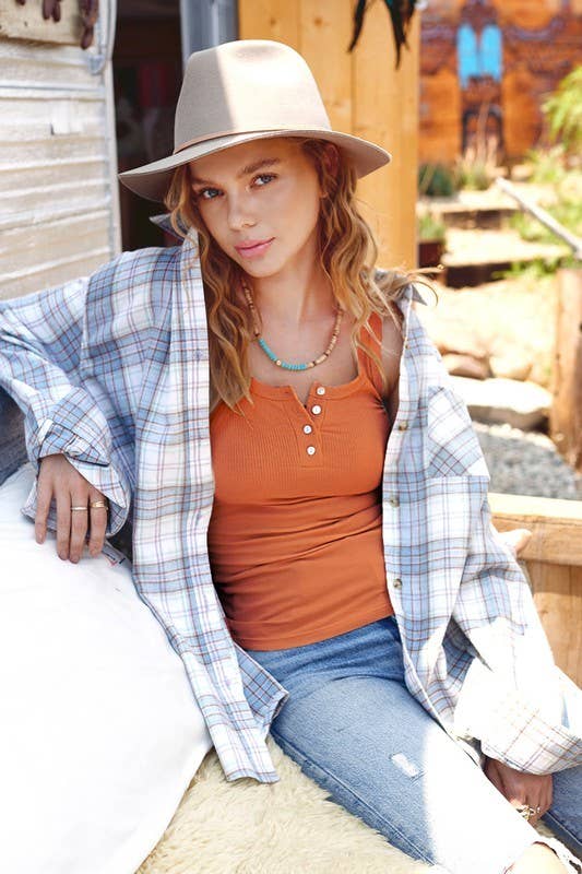 La Miel - HAT7503-Basic Stretchy Ribbed Fabric Button Front Tank Top